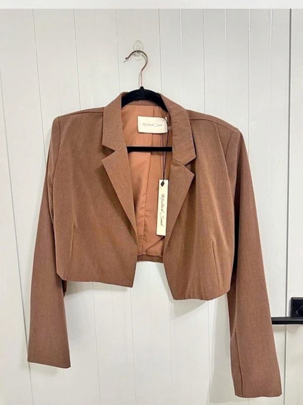Cropped Blazer with Shoulder Pads in Brown NWT